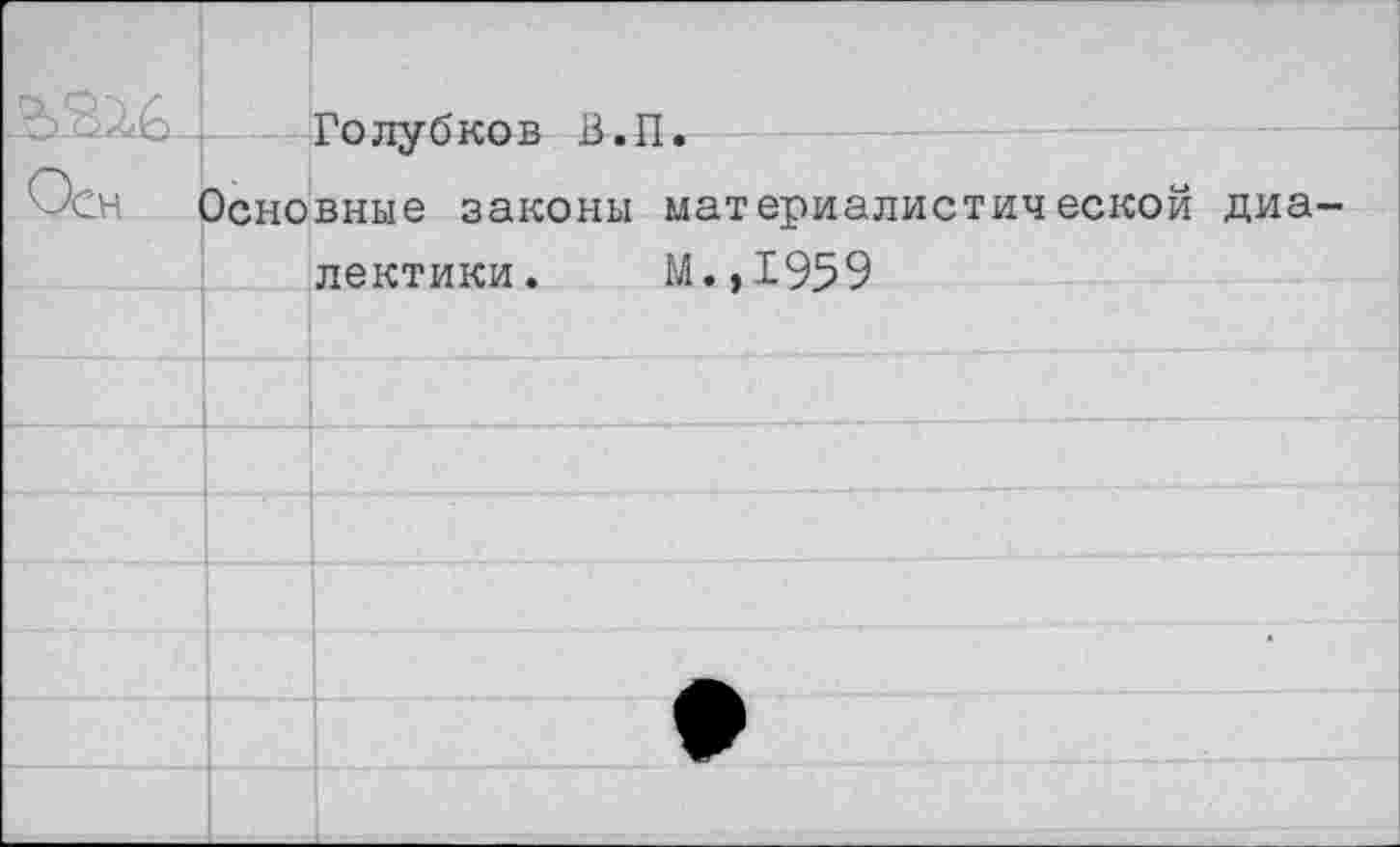 ﻿		й ГТ
Осн	Основные законы материалистической диа- лектики.	М..1959	
		
		
		
		
		
		
		
		